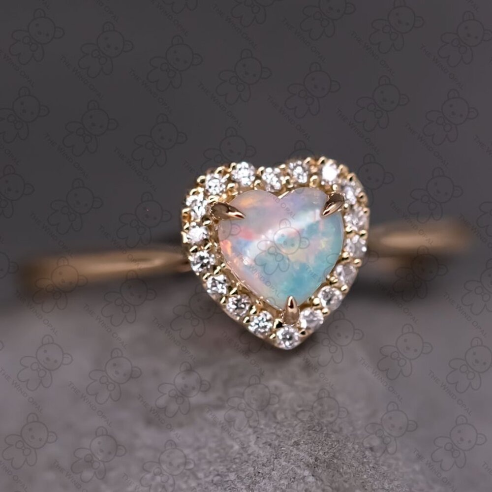 Heart Shaped Solid Opal Halo Diamond Engagement Ring 14K Yellow Gold